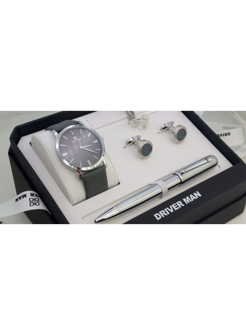 طقم رجالي من الستانلس ستيل مكون من ساعة وسبحة وقلم وازرار اكمام القمصان